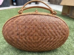 Vtg Japanese Bamboo Wood Purse Oval Moon Geisha Handbag Basket Tote Bag - Picture 1 of 10