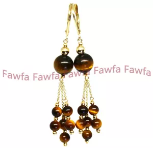 Beautiful Natural Yellow Tiger's Eye Round Gems Gold Leverback Dangle Earrings - Picture 1 of 5