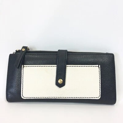 Cartera clutch pequeña Fossil Tab cuero negro blanco doble pliegue 7,5 x 3,5 Foto 1 de 4