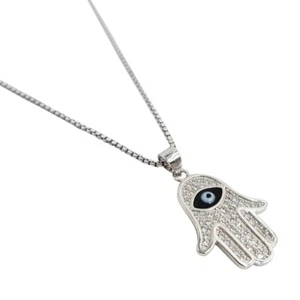 Collana Ciondolo Hamsa Malocchio Argento Sterling Mano di Fatima Zirconi Cristalli Charm - Foto 1 di 3