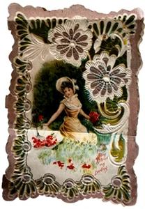 Tarjeta de San Valentín 1911 vintage, borde de encaje, sentimiento de Carrie Kaufman - Imagen 1 de 5