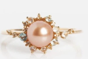 Rose Gold Pearl Engagement Ring Halo Diamond Natural Akoya Pink Pearl June Birth - Picture 1 of 3