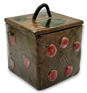 Vtg PRIMITIVE ART Trinket Box Hand Built Signed Strawberries Cherries Leaves Lid - Picture 1 of 15