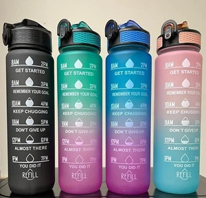 Green-Purple Water Bottle with Time Marker – 1L/32oz Leakproof Sports Bottle  - Picture 1 of 5