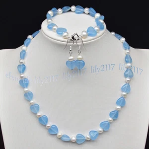 12mm Light Blue Aquamarine Heart Gems White Pearl Necklace Bracelet Earring Set - Picture 1 of 7