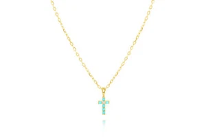 14K YELLOW GOLD DIAMOND AND TURQUOISE CROSS NECKLCE - Picture 1 of 3