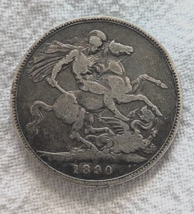 1890 VICTORIAN CROWN 0.925 Solid Silver Antique Coin Old Vintage Sterling Queen - Picture 1 of 4
