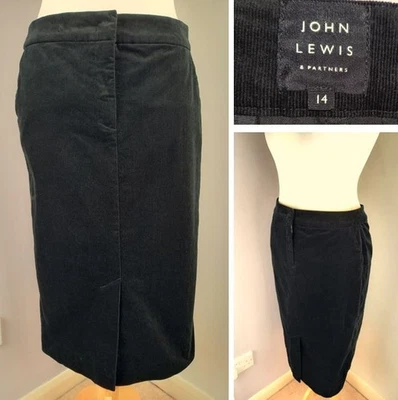 John Lewis Black Cotton Blend Corduroy Midi Pencil Skirt - Pockets -  UK Size 14 - Image 1 of 4