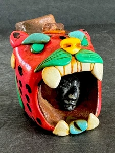 Aztec Warrior Jaguar Death Whistle Mexico Head In Mouth Clay Green Jeweled Eyes - Picture 1 of 20