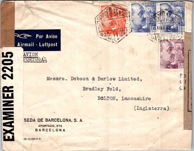 SPAIN 1942 WWII POSTAL DUAL CENSORED AIRMAIL COVER ADDR ENGLAND & POSTMARK - Image 1 of 2
