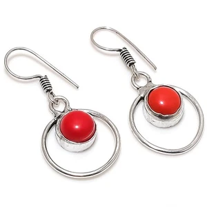 Italian Red Coral Gemstone Handmade 925 Sterling Silver Jewelry Earring 1.38" - Picture 1 of 5