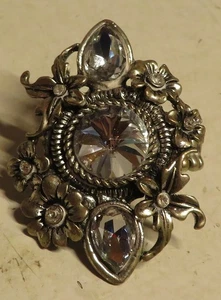 Anillo elástico vintage tono plata estrás flor declaración cóctel glamour retro - Imagen 1 de 15