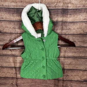 Gymboree Cheery All The Way Green Quilted Vest Size 6-12 Mo Christmas Fur Hood - Picture 1 of 5