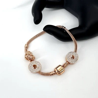 Brazalete de cuentas con cierre de barril de oro rosa cadena serpiente circonita cúbica corazón circonita Foto 1 de 4