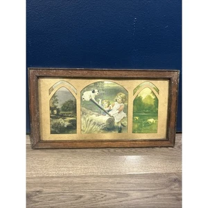 Antik 1910er Eiche gerahmt Triptychon Druck Kinder & Lamm Bauernhof Pastoral Kunst - Bild 1 von 5