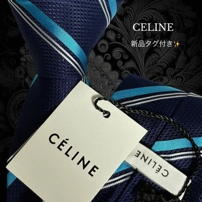 NEW Celine Tie Navy Striped One Point Logo Pattern - Image 1 of 4