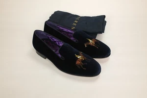 NEW RALPH LAUREN PURPLE LABEL Mens Sz 8D ALONZO Horse Blue Velvet Slippers ITALY - Picture 1 of 10