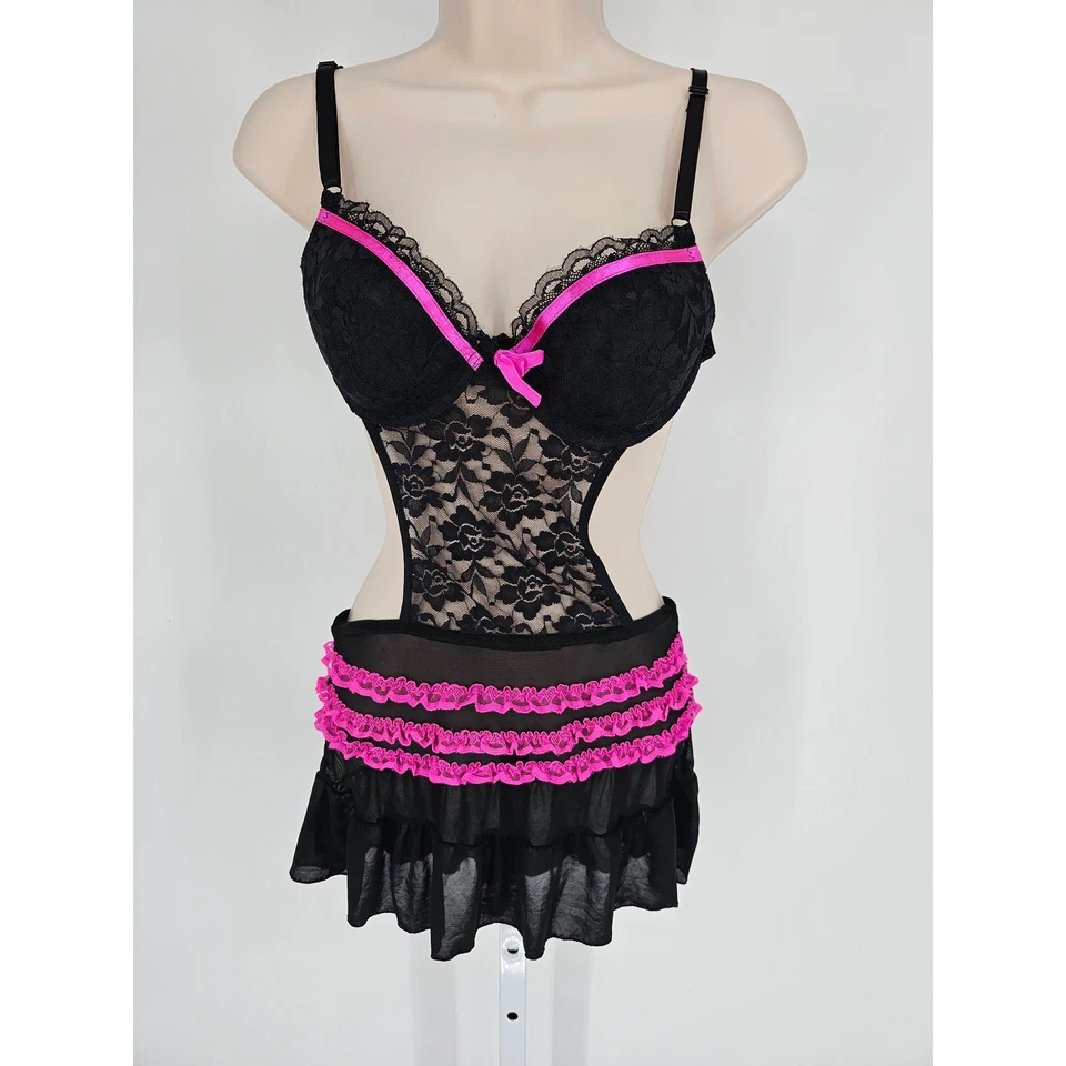 Camisón estilo delantal vintage Y2K Rampage íntimates para mujer talla S negro rosa encaje Foto 1 de 4