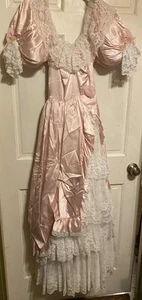 Vintage 70s Prom Gown Loralie Pink Satin & White Lace-BoPeep Sweetheart--5/6-EXC - Picture 1 of 24