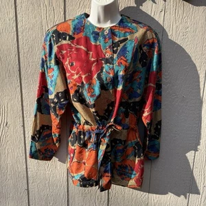 Vintage Rafaella Damen 100% Seide Abstrakt Bunt Knopfleiste Bluse Taschen S - Bild 1 von 4