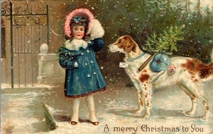 1908 Christmas Postcard Edwardian Girl in Snow & Brittany Spaniel Dog EAS  - Picture 1 of 3