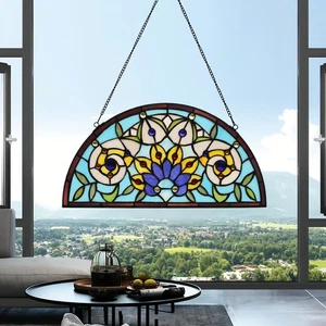 Half Moon Stained Glass Window Hanging Tiffany Style 16" x 8" Half-Round Wind... - Foto 1 di 8