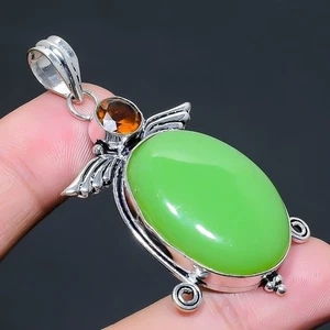 Ciondolo gioiello in argento sterling 925 con calcedonio verde, pietra... - Foto 1 di 5