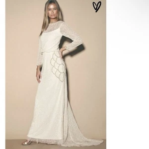Maxi Vestido Lulus Gatsbylady Brooklyn Blanco Con Cuentas Manga Larga Talla 6 Off White - Imagen 1 de 16