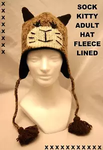 Adult CAT HAT knit costume stitch face FLC LINED brown sock kitty animal ski cap - Picture 1 of 10