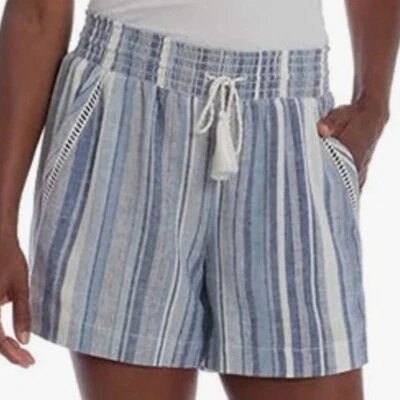 Boho Tassels Linen Shorts Women XXL Nautical Blue Striped Coastal Beachy Briggs  - Image 1 of 4