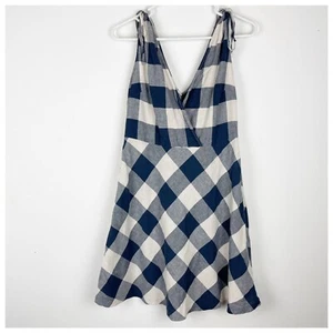Zara plaid gingham summer a-line dress linen blend navy blue sleeveless large - Picture 1 of 7