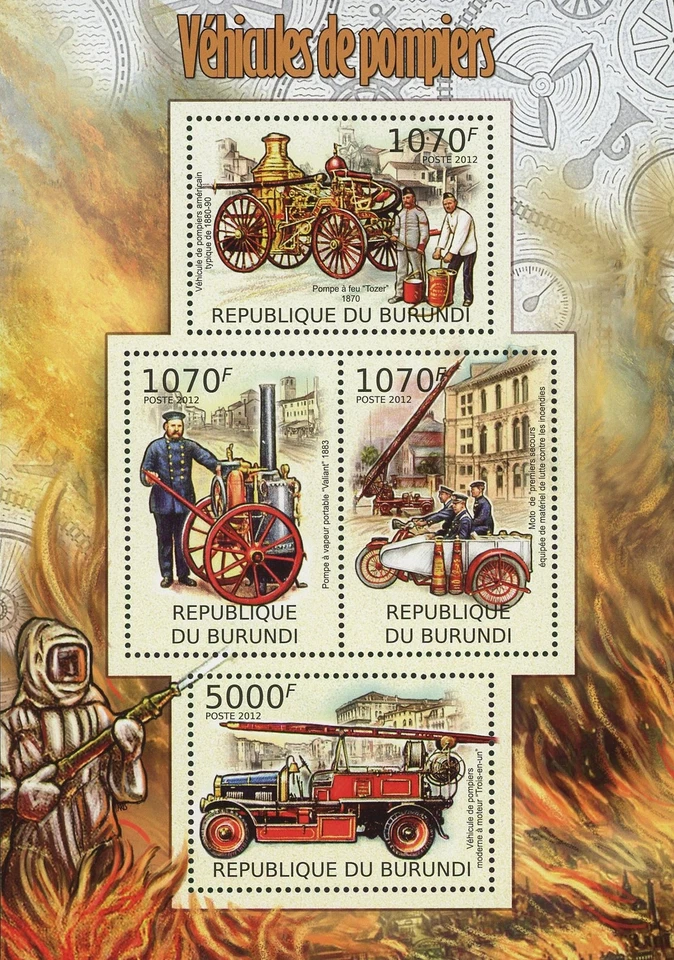 Firefighters Vehicles Fireman Souvenir Sheet of 4 Stamps MNH - Image 1 of 1