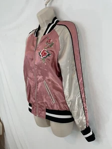 Jolt Womens M Pink Embrdrd Rose Boho Grunge Letterman Style Zip Front Jacket - Picture 1 of 12
