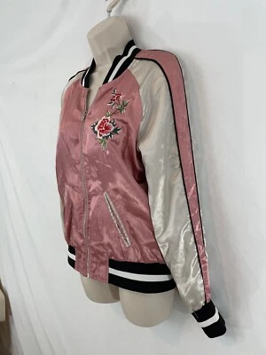 Jolt Womens M Pink Embrdrd Rose Boho Grunge Letterman Style Zip Front Jacket - Изображение 1 из 4