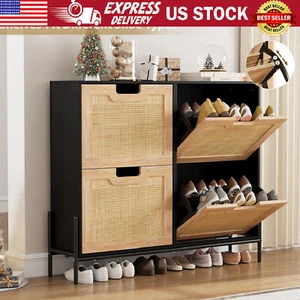 Rattan Shoe Cabinet with 4 Flip Doors Shoe Rack Storage Organizer Entryway Home - Picture 1 of 21