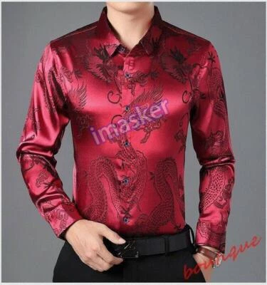 Men's Faux Silk Dress Shirts Dragon Pattern Button-front Slim Fit Business - Изображение 1 из 4