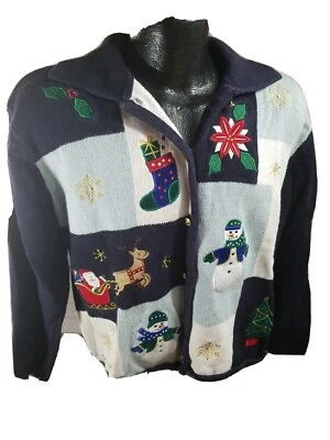 Винтажный кристалл KOBE кардиган свитер женщин M Рождество праздник золотой кнопка синий - Изображение 1 из 4