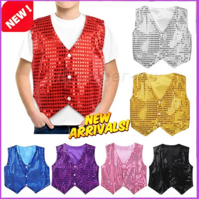 Kids Dance Stage Performance Costume Boys Sequined Vest Jacket Fancy Waistcoat - Image 1 of 4