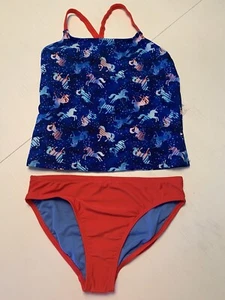 NWT Wonder Nation Girls 2 Piece Swim Suit Sz L Tankini Unicorn Red White Blue - Picture 1 of 6