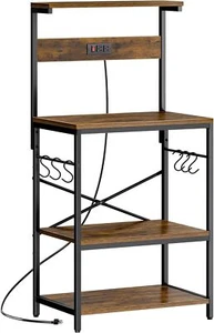 Kitchen Storage Shelf Rack with Power Outlet and 6 S-shaped Hooks - Rustic Brown - Picture 1 of 9