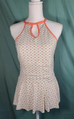NWT DownEast Womens Large L Coral Diamond Print Keyhole Peplum Bathing Suit Top  - Image 1 of 4