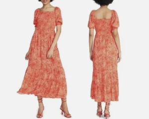 Betsey Johnson Kleid Palms of Paradise gesmokt Stufen orange Midi Größe Large - Bild 1 von 9