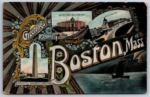 Boston ~ Carta Grande Art Nouveau ~ Terminal de Ferrocarriles ~ Capitolio ~ Monumento a Bunker Hill - Imagen 1 de 2