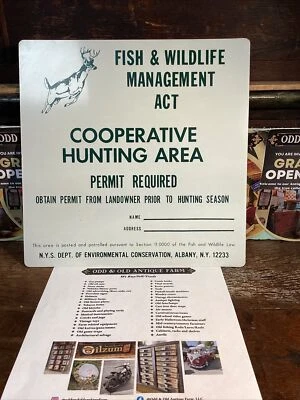 NOS Vintage Fish Wildlife Cooperative Hunting Area Albany Ny Tin Sign New York - Image 1 of 4