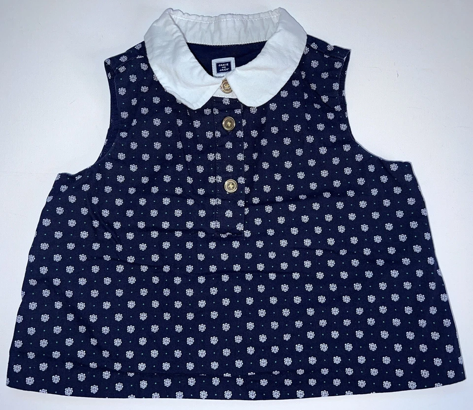 Janie and Jack Girls 2T Top Kids Sleeveless Collared Navy Blue Geometric - Image 1 of 4