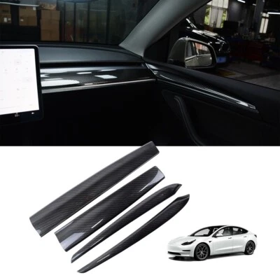 4PCS Glossy Carbon Dashboard Cover Wrap&Door Inner Armrest Panel Trim For Tesla Foto 1 de 4