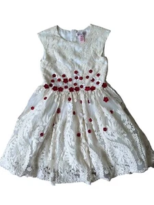 Halabaloo Party Dress Girls Youth 10 White Red Rosette Chrochet Floral Sleeveles - Picture 1 of 7