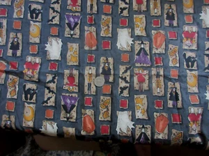 VTG HALLOWEEN SPOOKTACULAR WITCHES GHOSTS BATS ON BLACK GRAY BENARTEX FABRIC - Picture 1 of 9