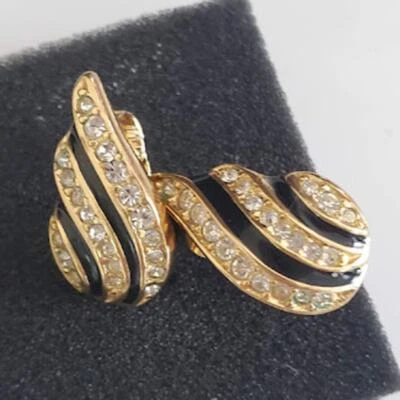 Christian Dior Black Enamel Crystal Gold Diamante Shell Clip On Earrings 80's - Image 1 of 4