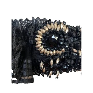 Icing Belt Women Black Ruffle Smock Elastic Band 3 Snap Closure Gold Beads Goth - Picture 1 of 10